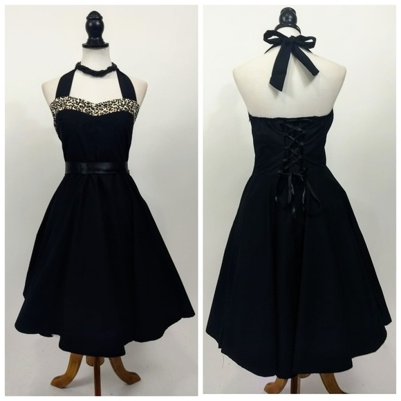 Punkabilly Clothing Dresses & Skirts - Punkabilly Halter Dress in Black w Leopard Accent